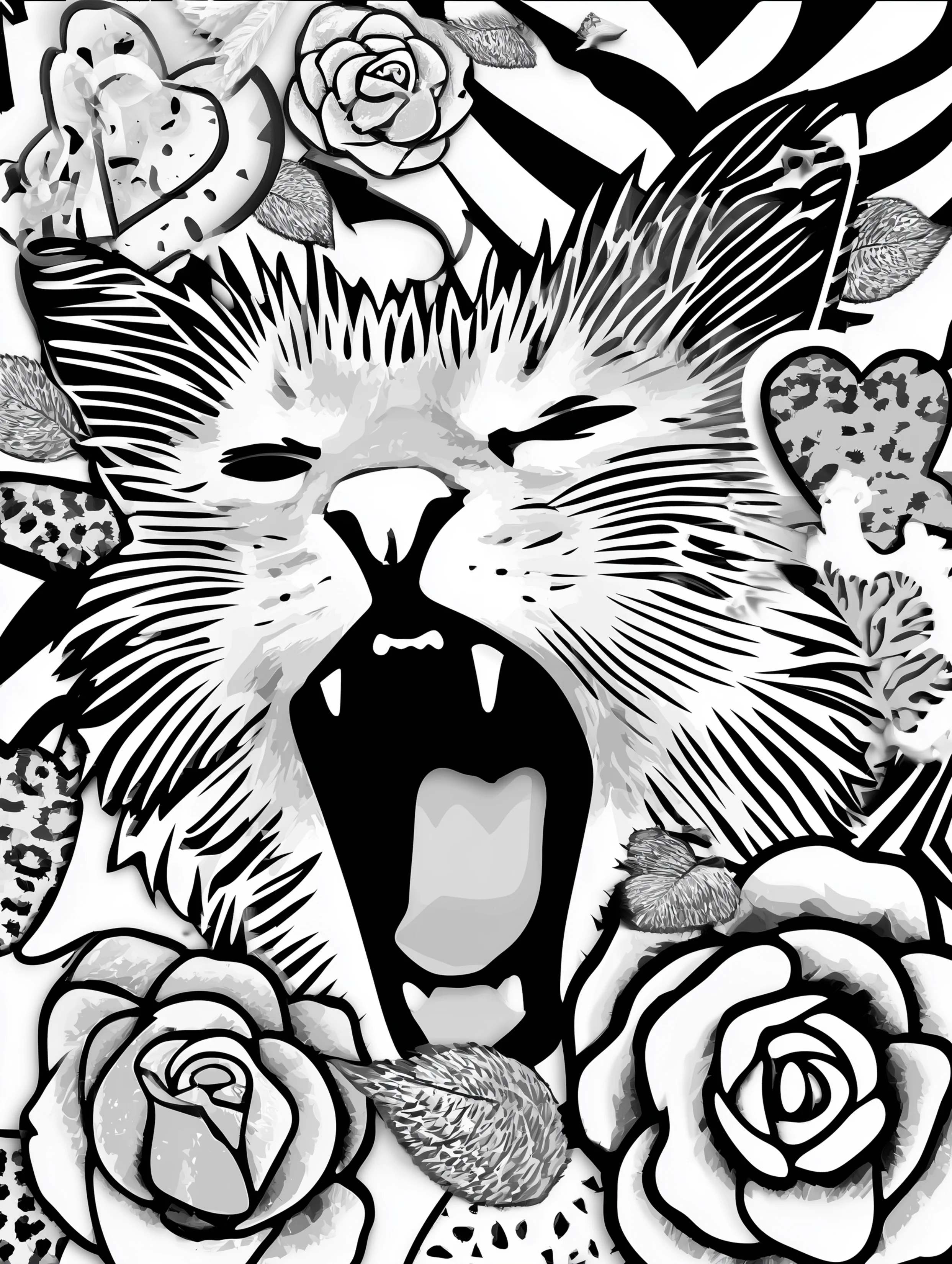 Free printable cats coloring page featuring a snarling cat